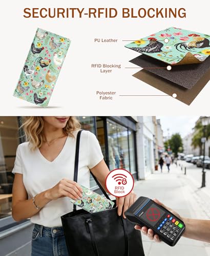 Image of Immaturus Chickens Womens Wallet RFID Blocking Slim Thin Credit Card Holder | Long Bifold, 11 Card Slots, Cash Purse, Zipper Coin Pocket, Travel Clutch Billfold, PU Leather, ID Window, Ladies Woman Gift