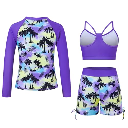 Image of Funnycokid Girls Swimsuit 3 Pieces Zip Rash Guard Bathing Suits Set Kids Bikini Boyshort Summer Swimwear 3-14 Years