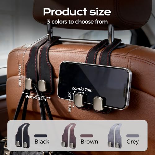 Image of Fauppt Headrest Hooks for Car Car Seat Hooks for Headrest,2026 Hooks for Purses and Bags Cute Car Purse Holder,Twinhook Leather Car Headrest Hangers Seat Back Organizers for Travel (Black*2)