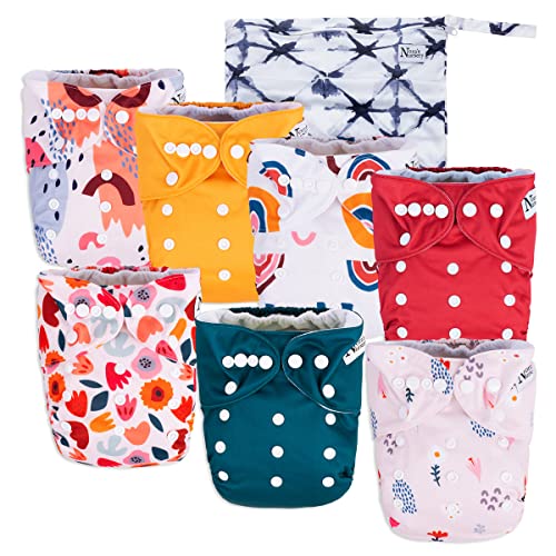 Image of Nora's Nursery Cloth Diapers 7 Pack with 7 Inserts & 1 Wet Bag - Waterproof Cover, Washable, Reusable & One Size Adjustable Pocket Diapers for Newborns and Toddlers - Sunny Side UP