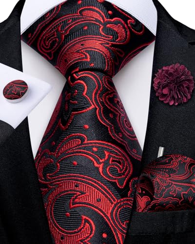 Image of DiBanGu Mens Zipper Tie Silk Pre-Tied Necktie with Gift Box | Jacquard Woven,Paisley Solid Plaid Pattern,6PCS with Pocket Square,Cufflinks and Lapel Pin,for Wedding Party Formal Business