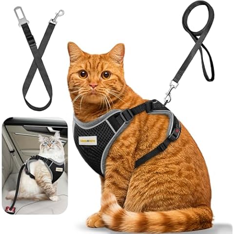Upgraded Car Cat Harness and Leash for Walking, Adjustable Soft Vest Cats Harnesses for Anti Escape, Breathable Reflective Strips Harness for Cat Easy to Wear Leash Set for Outdoor Walking, Black,M Cover