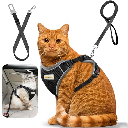 Cat Harness and Leash, Retractable Soft Kitten Cat Harnesses and Leash Set Escape Proof, Breathable Small Medium Large Easy Vest Harness for Travel Training and Walking, Black, S