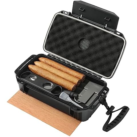Travel Cigar Humidor Box Case with Cigar Accessories &Spanish Cedar &Humidifier &Cigar Cutter & Cigar Stand &Cigar Punch CutterHold 9-10 Count -Cigar Waterproof Case, Crushproof, Airtight Seal Cover