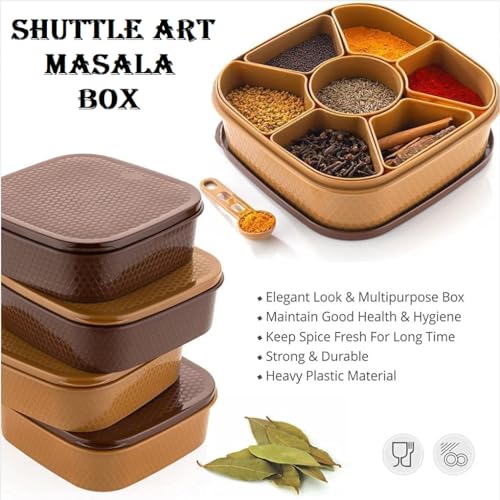 Image of Shuttle Art Multifunctional Plastic Square Shape 7 in 1 Classic Look Masala Rangoli Dabba Spice Box Set Ideal for Home and Kitchen (MULTICOLOR)