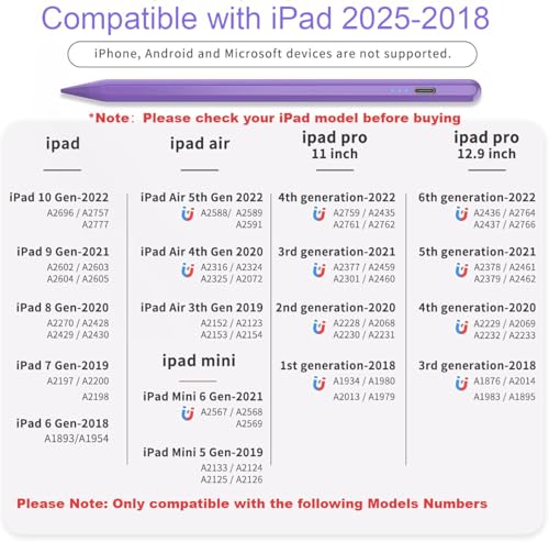 Image of HZD Apple Pencil for iPad 2025-2018 Faster Charge Stylus Pen, Purple | with Tilt Sensitivity & Palm Rejection & Magnetic Compatible iPad 11 /10 /9 /8 /7 /6, Pad Air 3 /4 /5, Pro 12.9 inch /11 inch,Mini 6 /5, M2 /M4