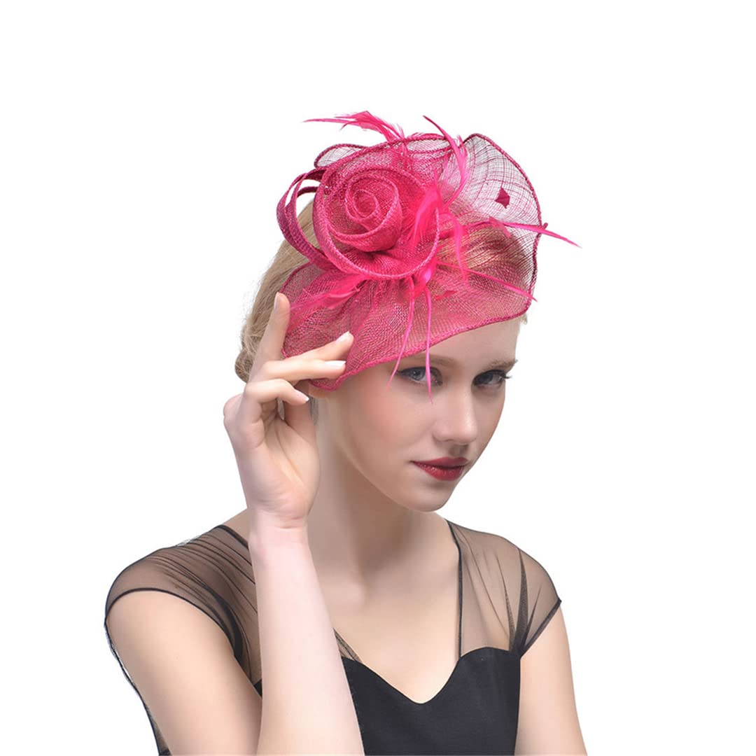Kapelusz damski z fascynatorem, solidna siateczka, kwiat, pióra, opaska na głowęnka do włosów, nakrycie głowy na przyjęcie koktajlowe, spinka do włosów z piórami i kwiatami (różowo-czerwona)