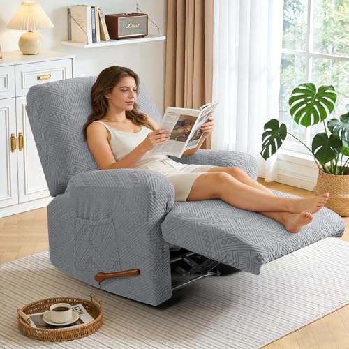 Image of Ruaozz Recliner Sofa Covers Oversized Recliner Chair Covers Recliner Covers for Reclining Chair with Pockets Washable Furniture Protector with Elastic Bottom (1 Seater-X Large, Light Grey)
