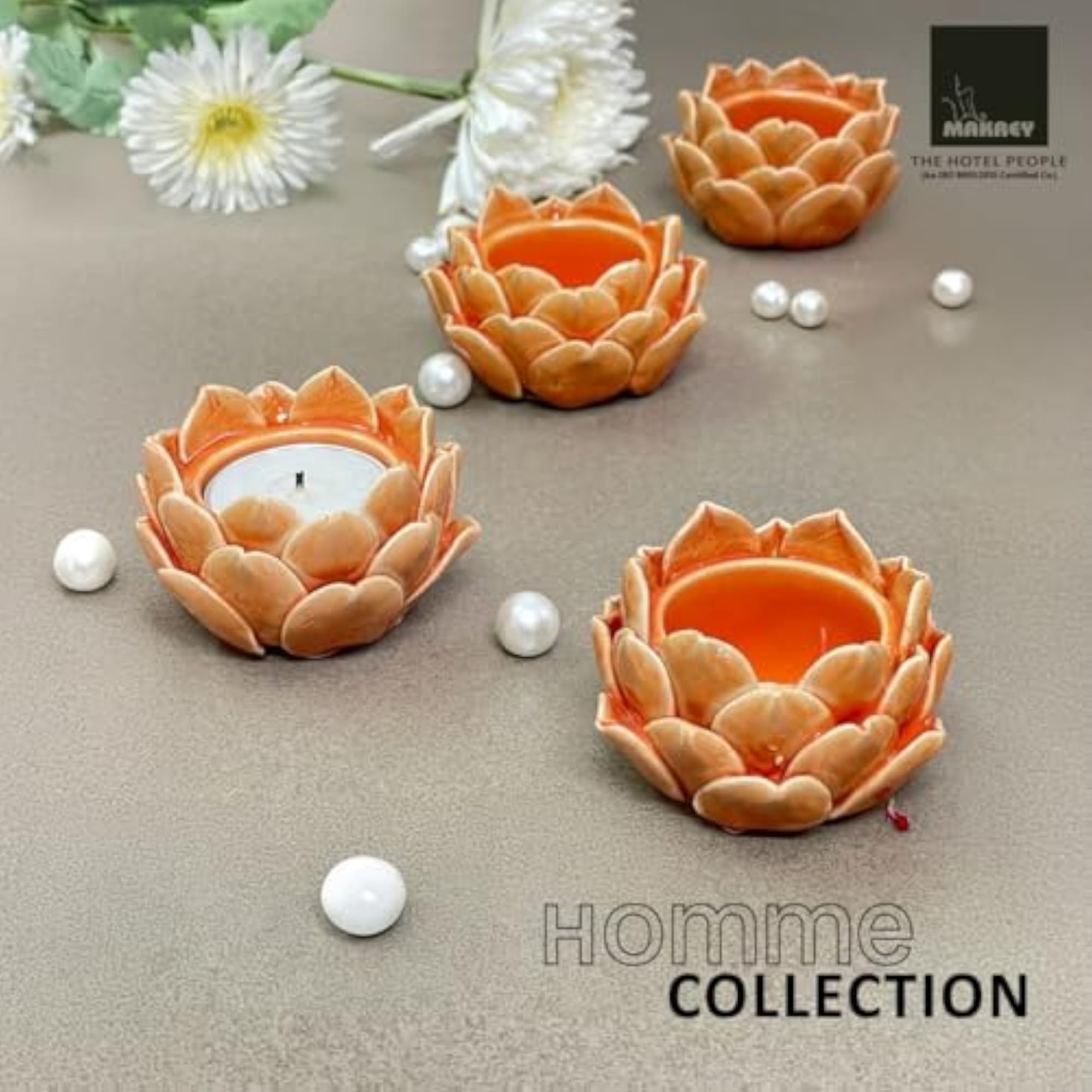 Ceramic Lotus Flower Diya Candle Holder Set, 4pcs