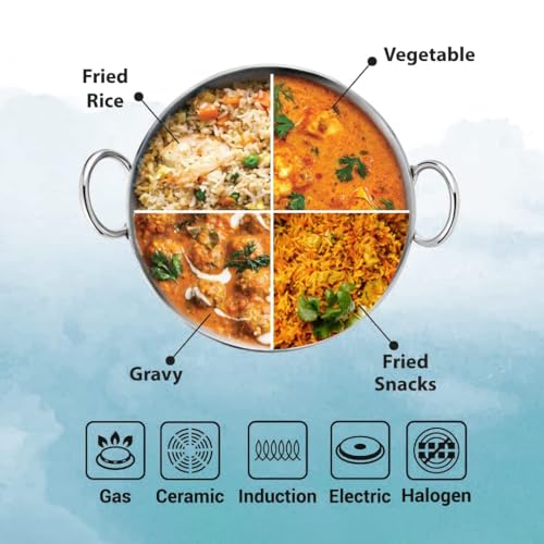 Image of Kuber Industries XtraDeluxe Deep Frying 2.2 Liters Triply Stainless Steel Kadai for Cooking with Lid | Induction Compatible Kadhai /Cookware for Kitchen | Has Cold-Touch Handles | SS - Silver