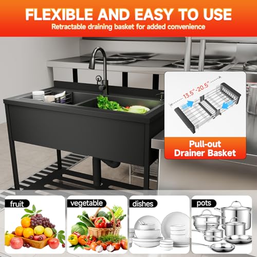 Image of Stainless Steel Utility Sink,47.6 inch x 24.1 inch x 36.6 inch,2 Compartment Sink Freestanding Commercial Sink,with Cold and Hot Water Faucet,Hoses and Drain Kit,Freestanding Sink for Kitchens, Bathrooms, Garage