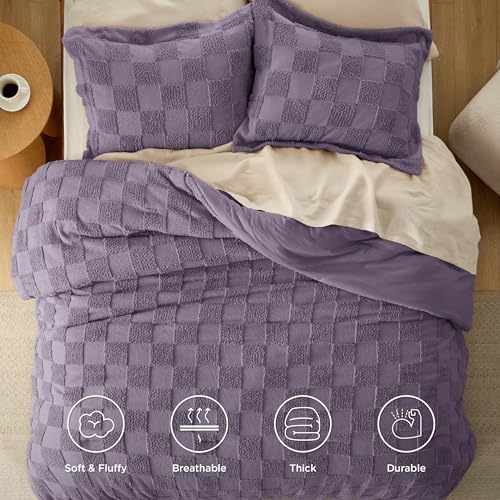 Image of Bedsure King Size Comforter Set Grayish Purple, Boho Tufted Bed Set, Checkered Farmhouse-Style Distressed Vintage Bedding, 3 Pieces, 1 Plaid Geometric Comforter and 2 Pillow Shams