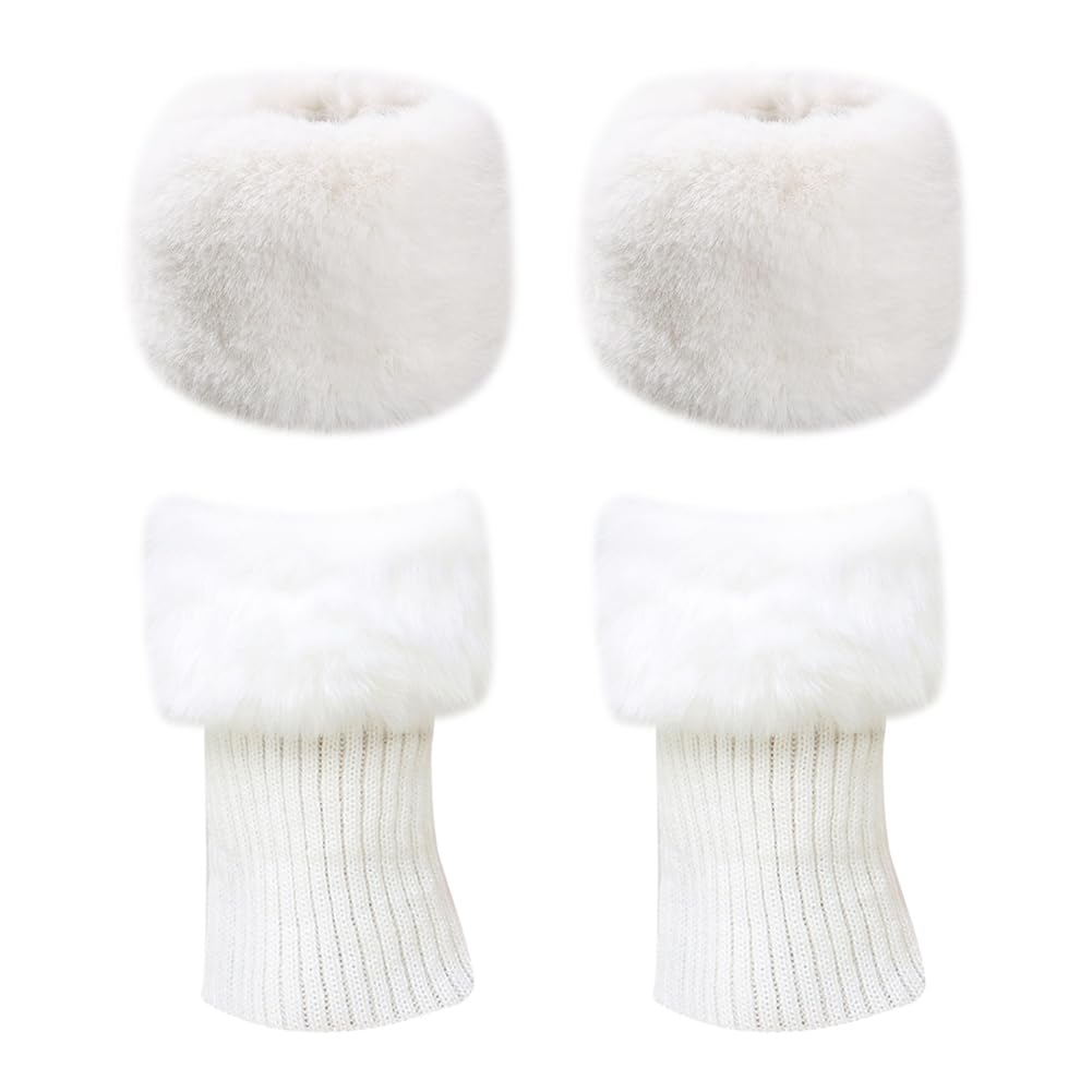 Hugede White 2 Pairs Faux Fur Boot Covers Winter Wrist Cuff Warmers Fluffy Leg Warmers Fuzzy Cuffs Short Wrist Warmers