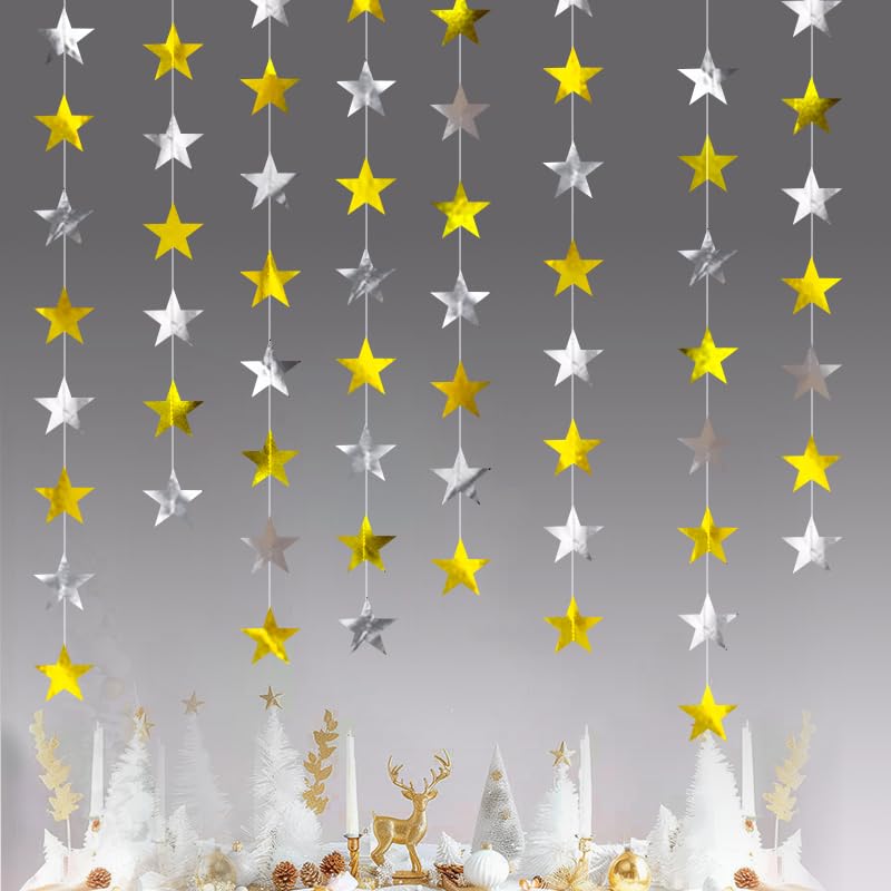 Image of Gold Silver Shining Star Hanging Garland Gold and Silver Hanging Sparkling Star Streamer Glitter Bunting Banner Twinkle Backdrop for Wedding Baby Shower Birthday Christmas Decorations 40 Feet