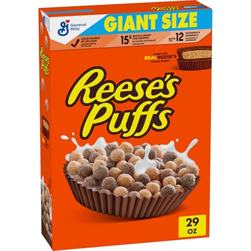 REESE’S PUFFS Chocolatey Peanut Butter Cereal, Kid Breakfast Cereal, Giant Size, 29 oz