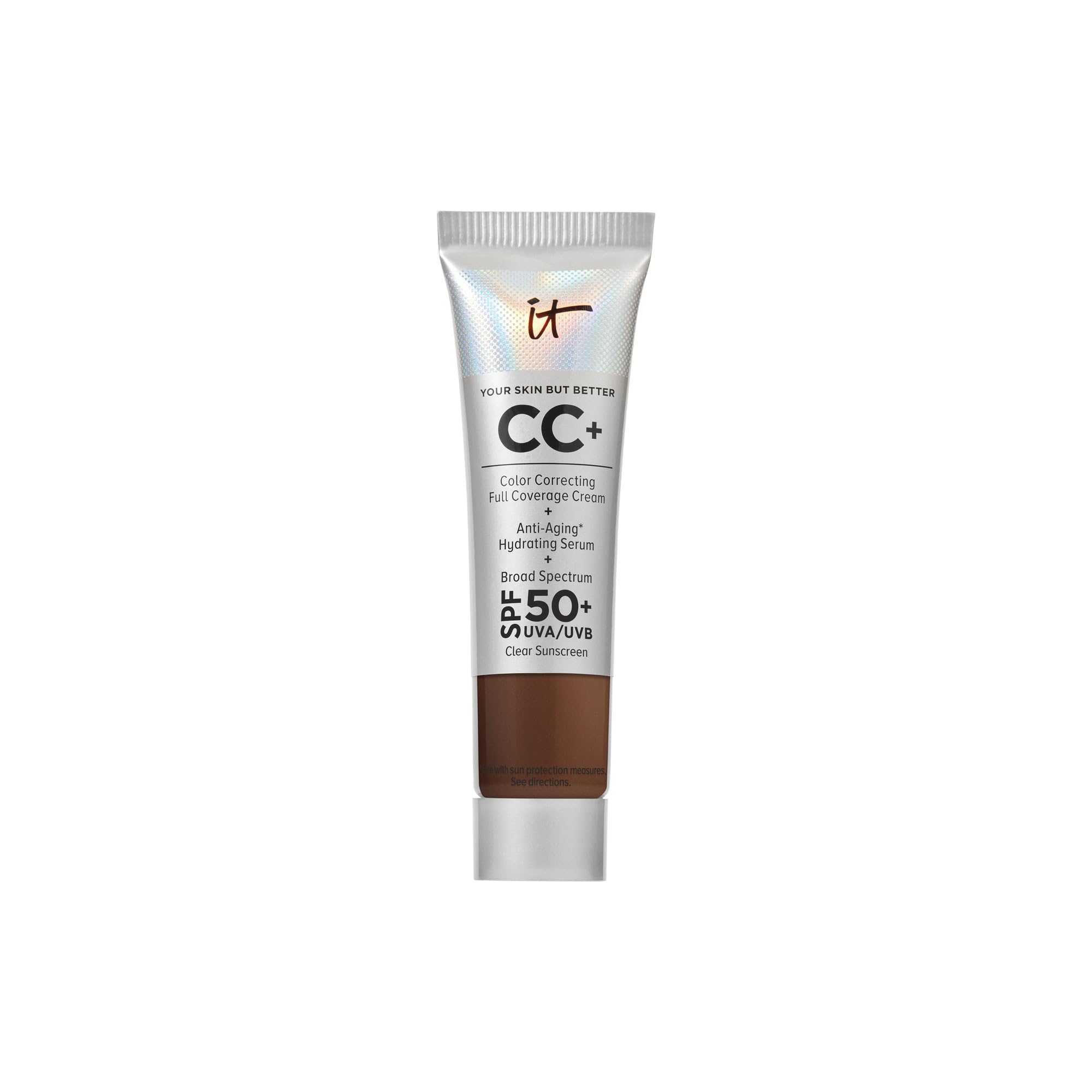 IT Cosmetics CC+ Cream Travel - Natural Full Coverage Foundation With SPF 50+, Color Corrector & Anti-Aging Hydrating Serum, Hyaluronic Acid + Peptides, Up To 24H Wear, All Skin Types- 0.4 fl oz