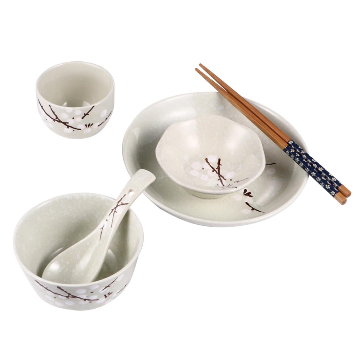 Cabilock Service de Table Japonerie en Céramique et Bois, 6 Pièces, Bol, Assiette, Tasse, Cuillère et Baguettes, Sûr et pour Repas Quotidiens
