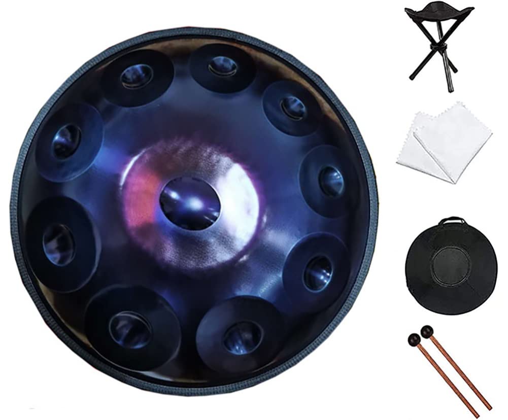 Handpan bęben, 10 nut stalowy bęben perkusyjny do medytacji i jogi, zawiera młotki, stojak, miękką torbę i ściereczkę do kurzu