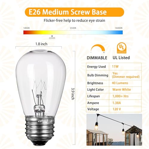 20 Pack S14 Edison Incandescent Light Bulbs for Outdoor Patio String Lights - 11 Watts