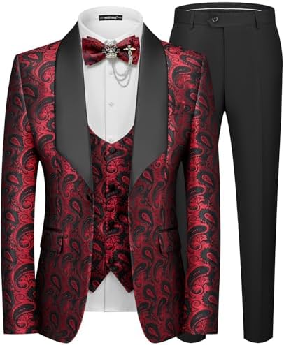 MAGE MALE Mens 3 Piece Floral Tuxedo Suits Slim Fit Paisley Shawl Lapel Suit for Dinner Prom Wedding Wine Red