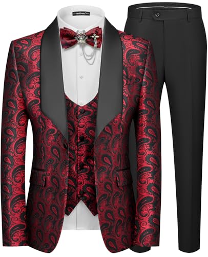 MAGE MALE Mens 3 Piece Floral Tuxedo Suits Slim Fit Paisley Shawl Lapel Suit for Dinner Prom Wedding