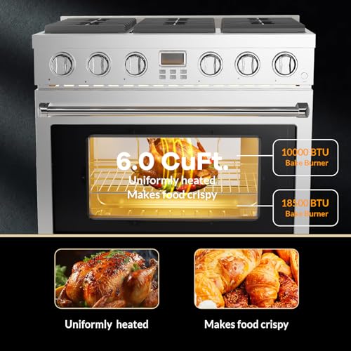 36" Gas Range Oven With 6 Sealed Gas Burner & 6.0 Cu. Ft & 106500BTU, Freestanding & Slide-In Full Gas Range Stove With Heavy Duty Grates, Stainless Steel Dual Fuel Range for Home and Commercial