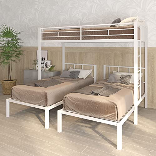 COODENKEY Twin Triple Bunk Bed for Kids Bedroom,Sturdy Metal Twin-Over-Double-Twin Bunkbed,Can Be Separated,3 Twin-Size beds,No Box Spring Needed,Space Saving,91.73"x77.95"x72.05", White