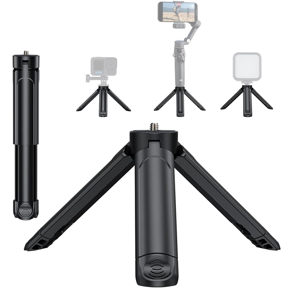 Mini Camera Tripod 2-in-1 Desktop Stand & Grip Handle - Ultra Portable Geared Heads Tripod for DSLR Webcam Phone 1/4” Mount 2oz Lightweight
