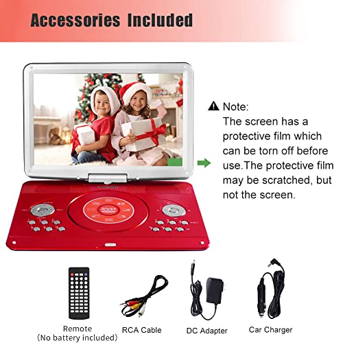 Jekero 16.9" Portable Dvd Player With 6 Hrs 5000Mah Rechargeable Battery, Car Dvd Player Portable With 14.1" Large Swivel Screen, Sync Tv Support Usb/Sd Card With Car Charger, Red #TOP6