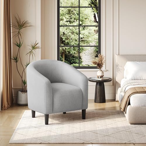 Image of Yaheetech Corduroy Accent Chairs, Compact Furry Barrel Chairs with a Curved Silhouette for Small Spaces, Living Room, Bedroom, Light Gray