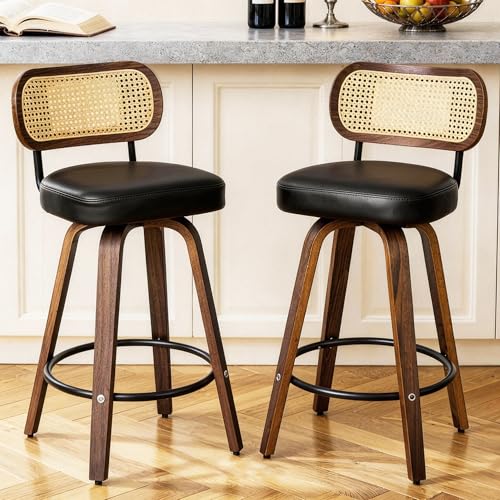 Image of Natural Rattan Bar Stools Set of 2,Upholstered PU Leather, 26'' Counter Height Barstools with Back and Wood Legs,360Swivel,Mid-Century Modern Bar Stool for Kitchen Island Dining Room and Bar(Black)