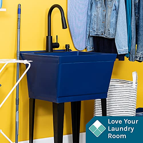 Image of Blue Utility Sink with High Arc Black Faucet by VETTA by JS Jackson Supplies, Pull Down Sprayer Spout, Heavy Duty Slop Sink for Washing Room, Basement, Shop, Free Standing Laundry Tub Deep Plastic