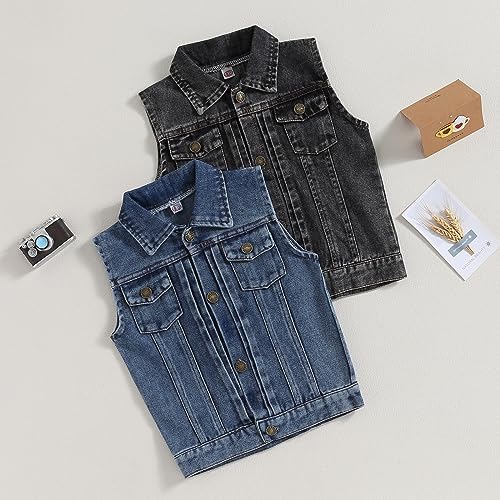 Image of Denim Vest Kids Girl Boy Fashion Coats Turn Dwon Collar Sleeveless Jackets Trendy Outwear