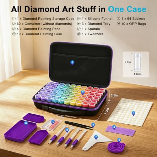 Image of ZORETCO Diamond Art Storage with 60 Containers, Diamond Art Kits for Adults | Diamond Painting Storage Case with Tools, Diamond Art Supplies Storage for Diamond Painting Accessories, Bead Gem Organizer