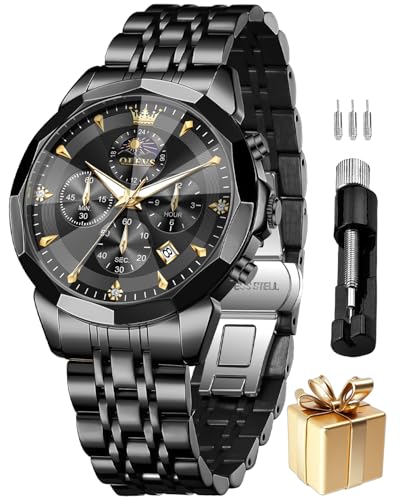 OLEVS Black Watch for Men Analog Quartz Stainsteel Steel Fashion Luxury Date Luminous Waterproof Mens Watches