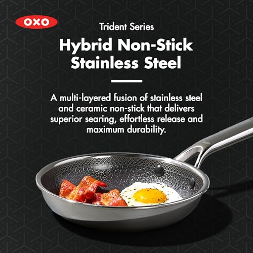 Image of OXO Hybrid 8 inch Nonstick Stainless Steel Frying Pan, Durable PFAS-Free Ceramic Skillet, Stay-Cool Handle, Induction & All Cooktop Compatible, Dishwasher Safe, Mirror Polished Tri-Ply