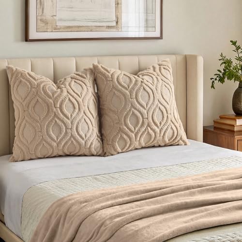 Image of decorUhome Fall Throw Pillow Covers 16x16 Inch Set of 2, Soft Plush Faux Wool Light Khaki Solid Couch Pillow Covers, Accent Farmhouse Neutral Square Pillow Cases for Sofa Bed Living Room