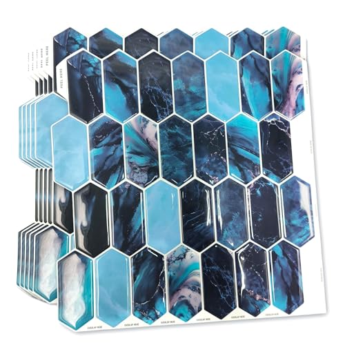 WALPLUS 6 Sheets Blue Hexagon Honeycomb 3D Tile Stickers 30.5cm Peel and Stick Backsplash Transfers Waterproof Wall Décor for Kitchen Bathroom