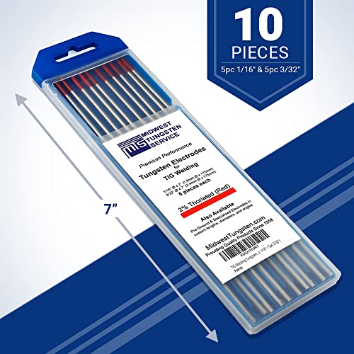 Image of Midwest Tungsten Service TIG Welding Tungsten Electrodes 10-Pack (Red - 2% Thoriated (WT20 /EWTh-2), 5pc 1 /16 inch & 5pc 3 /32 inch)