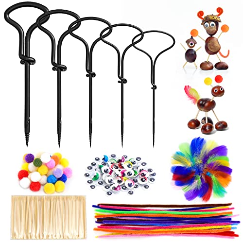 Higtok Kastanienbohrer Set, Kastanien Bastelset Kinder, Herbst Kastanienmännchen DIY Set mit 1,5-5mm Bohrer Kastanien, Zahnstocher, Federn, Pfeifenreiniger, Pompons und Kulleraugen, HigtokPLDE1458-DE Cover
