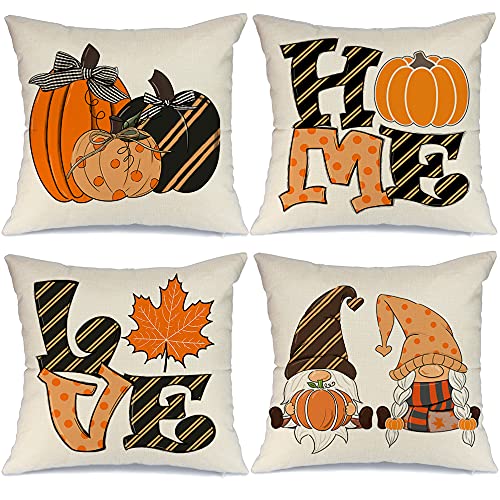AENEY Home Love Stripes Pillow Covers 18x18 Set of 4 for Fall Decor Pumpkin Leaf Gnomes Outdoor Fall Pillows Decorative Throw Pillows Farmhouse Thanksgiving Autumn Cushion Case for Couch Sofa A405-18