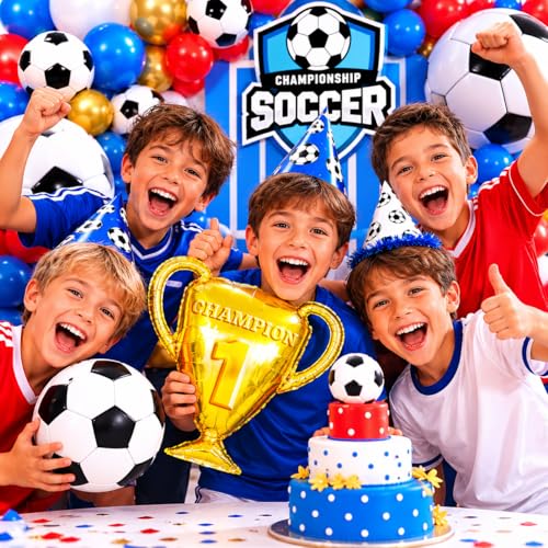 Image of Soccer Party Decorations 161Pcs, World Soccer Balloon Garland Arch Kit with 18'' Football Foil Balloons, Blue Red White Football Print Balloons for Boys Sports Fan Birthday Soccer Party Decor