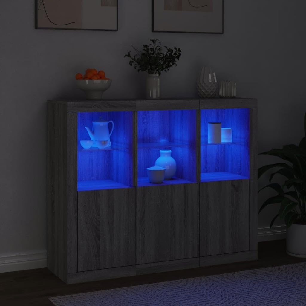 Lot de 3 buffets avec lumières LED - Gris Sonoma - Vitrine de cuisine - Pour salon - Pour desserts, boutique, salon, cuisine, salle à manger