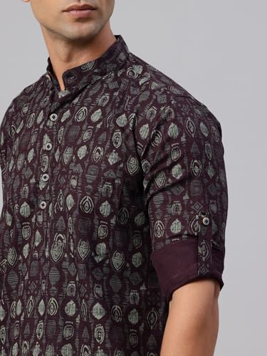 Image of Majestic Man Men's Pure Cotton Printed Mandarin Collar Regular Fit Roll-Up Sleeves Short Kurta