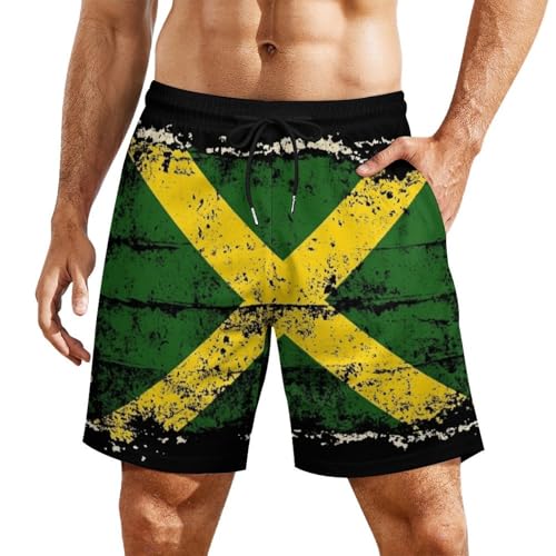 Vintage Jamaican Flag Mens Swim Trunks Quick Dry Beach Shorts with Compression Liner and Pocket