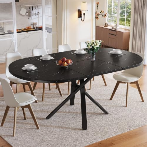 Merax Round Extendable Dining Table 100-140cm, Marble Effect Tabletop, Black X-Metal Frame, Kitchen Table for 2-6 People, Space-Saving Dining Room Table