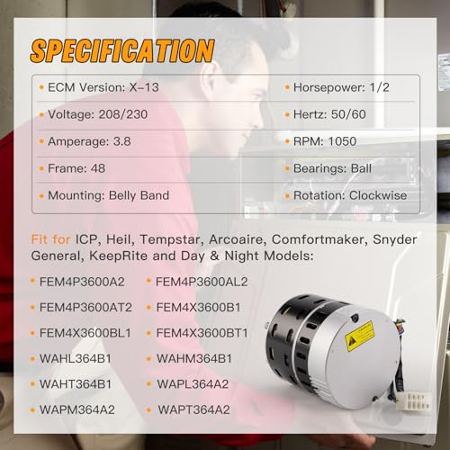 1/2 HP ECM X-13 Furnace Blower Motor 6205E, 208/230V 3.8A, 1050RPM, Fit for American Standard & Trane, Carrier/ICP, etc. 1/2 HP X13 Constant Torque Motor with One Year Quality Assurance