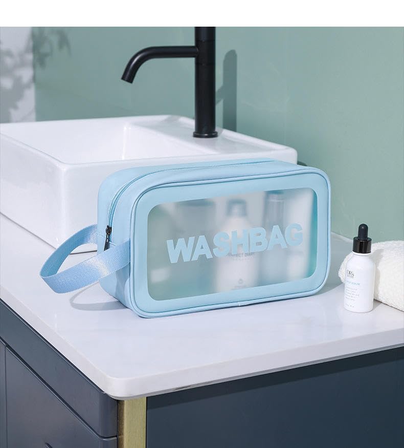 Image of Catron Waterproof Wash Bag Pouch for Travel Kit Toiletry Bag Pink Faux Leather, 6-Piece Travel Makeup, Brushes & Accessories Toiletry Organiser with Clear Window (Set of 6) (Blue+Black)