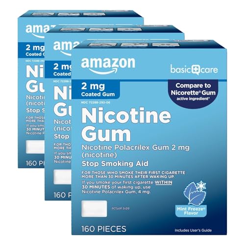 Image of Amazon Basic Care Coated Nicotine Polacrilex Gum 2 mg, Ice Mint Flavor, Stop Smoking Aid, Smoking Cessation, Reduces Withdrawal Symptoms, 160 Count (Pack of 3)