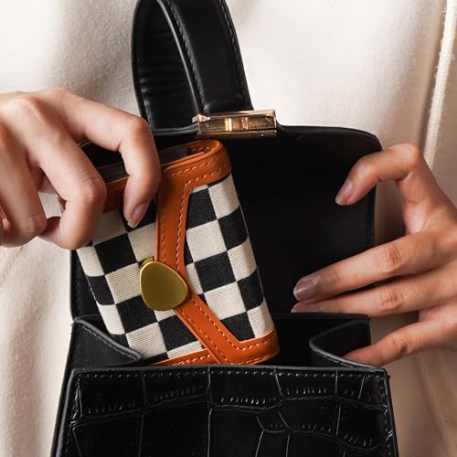 Checkered Slim Card Holder for Women, RFID Blocking, 11-Slot Accordion Wallet with Snap Closure, Brown Accent3